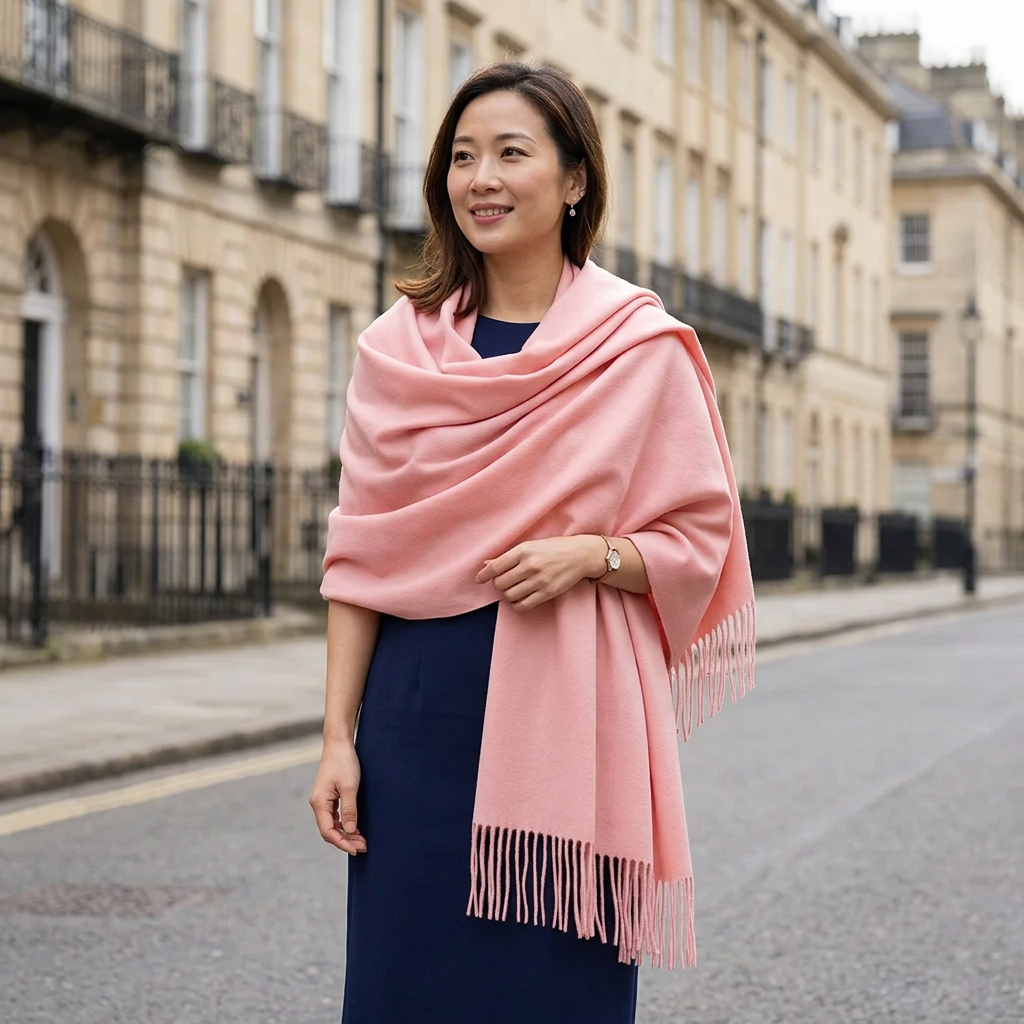 Woman wearing the pink pashmina shawl wrap over her shoulders on a London street, showing its 200 x 80 cm size