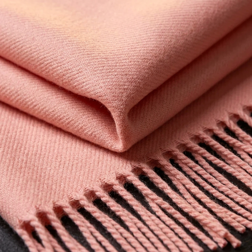 Close-up of the Livloko London pink pashmina shawl wrap showing the woven fabric and tassel fringe