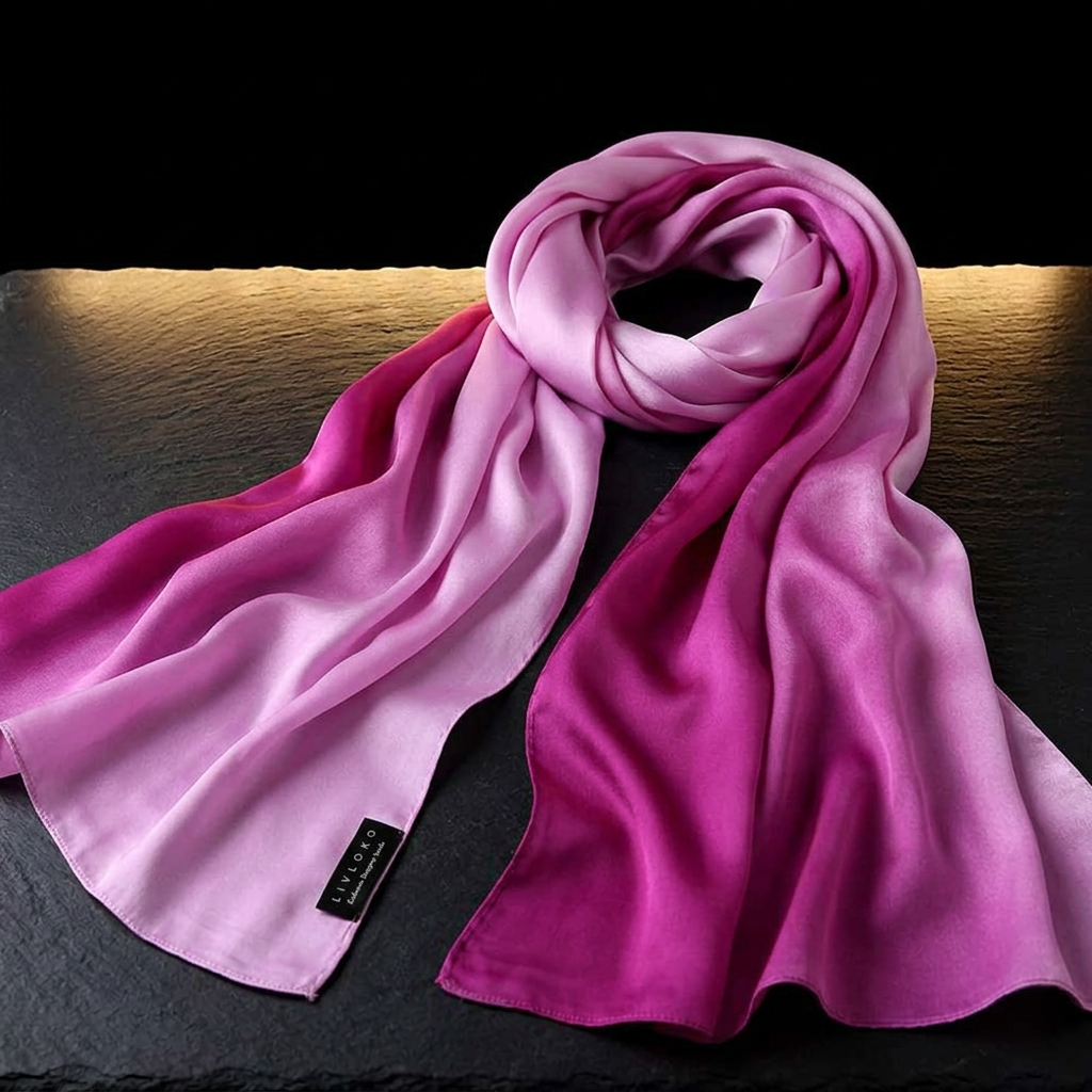 Pink and purple gradient satin scarf for women, laid flat on dark slate