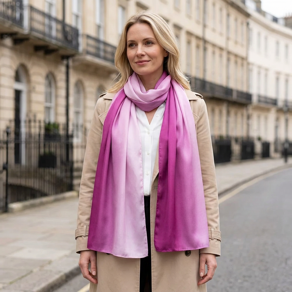 Woman in a beige trench coat wearing the pink and purple gradient satin scarf long at the neck in London