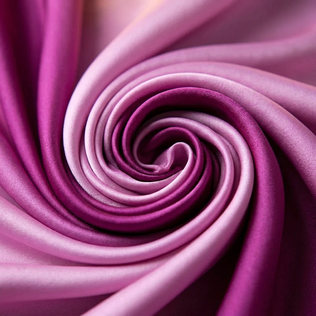 Close-up of the pink and purple gradient satin scarf swirled to show the smooth colour fade and sheen