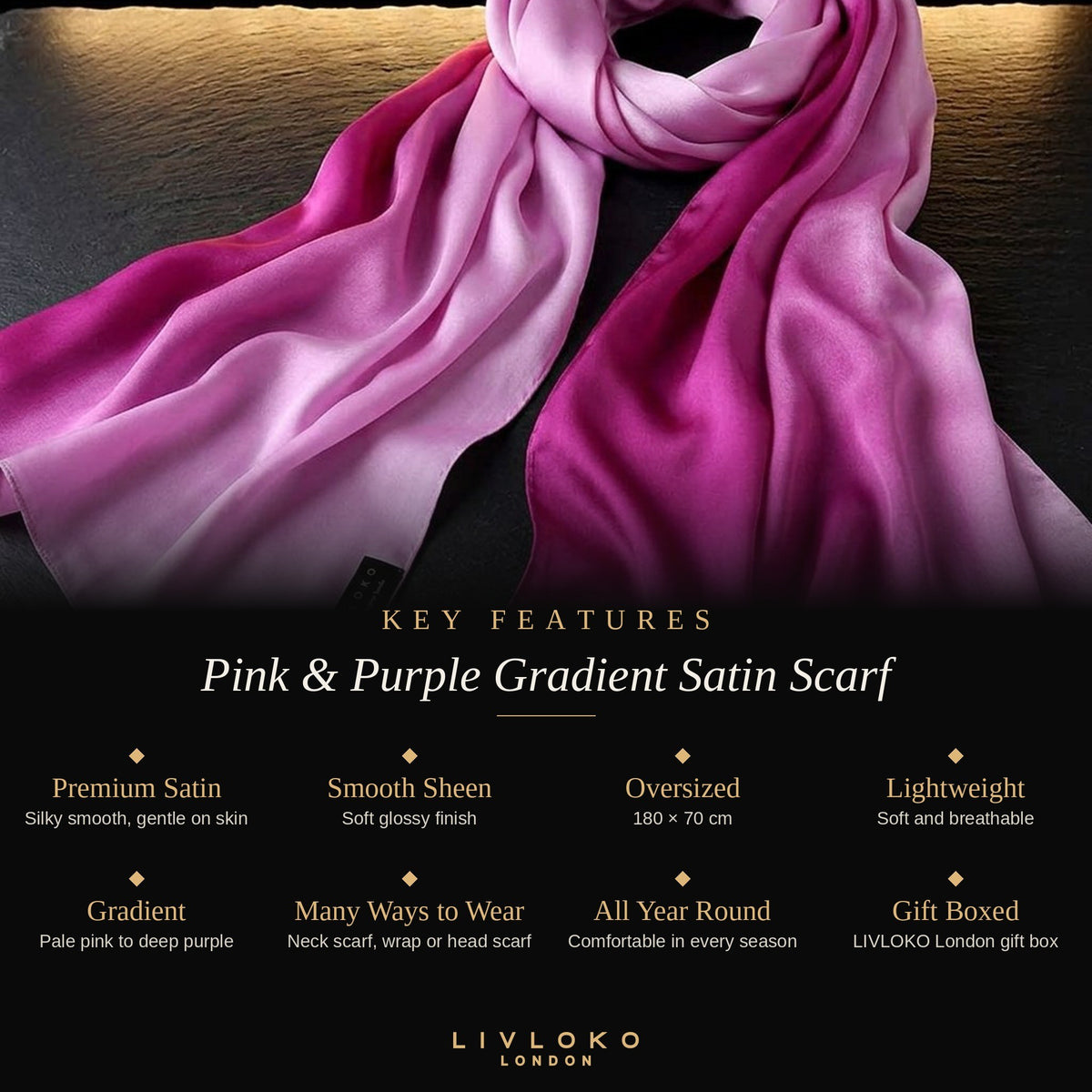 Key features of the pink and purple gradient satin scarf: premium satin, 180 × 70 cm, lightweight, gift boxed