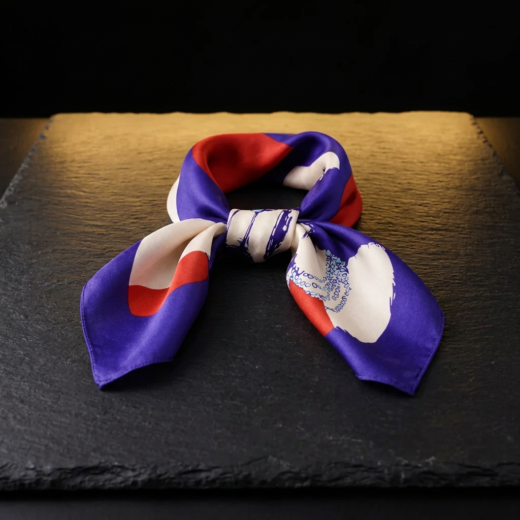 Portrait print mulberry silk square scarf in red and blue, 53 x 53 cm, tied as a neckerchief on dark slate