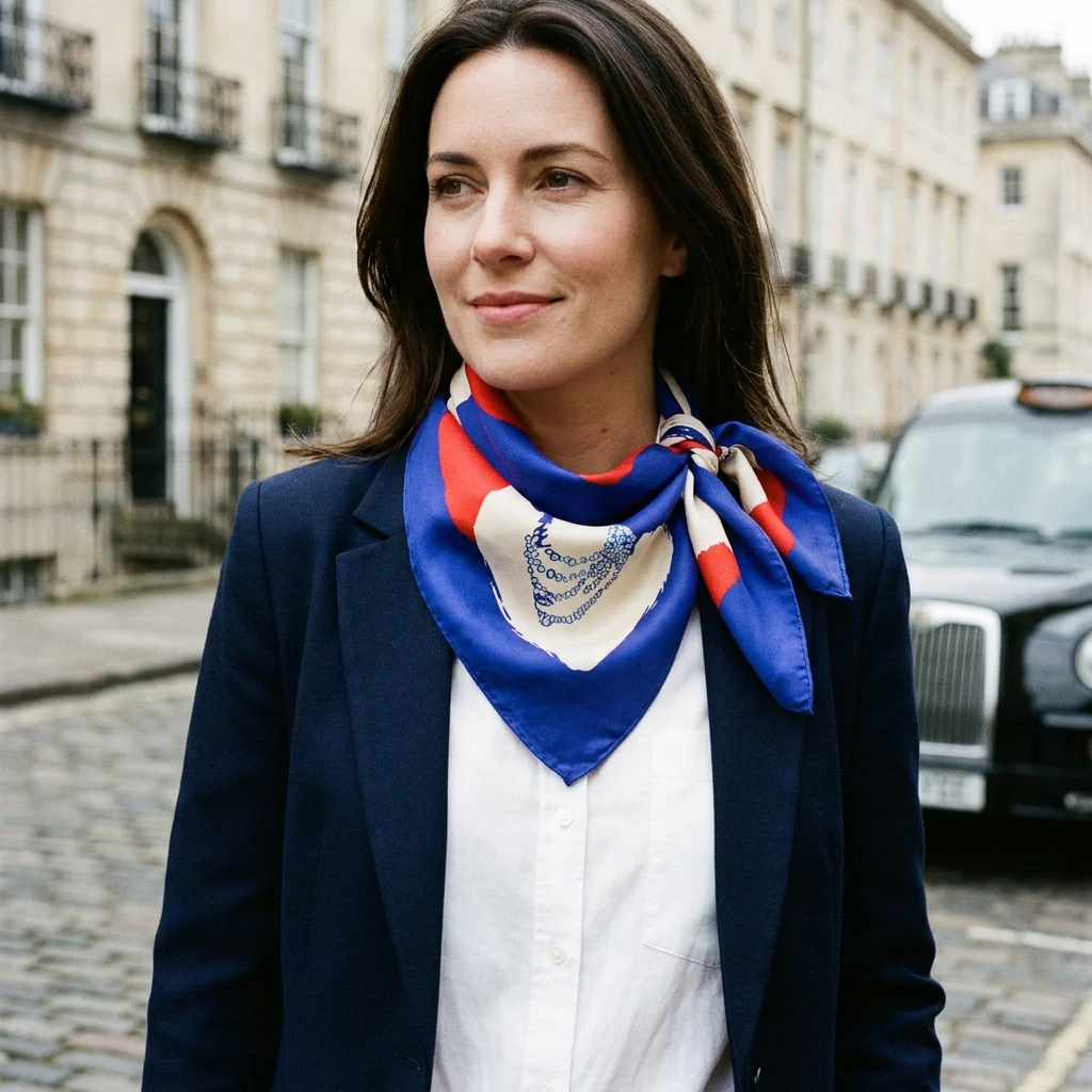Woman wearing the portrait print mulberry silk square scarf in red and blue, tied at the neck in London