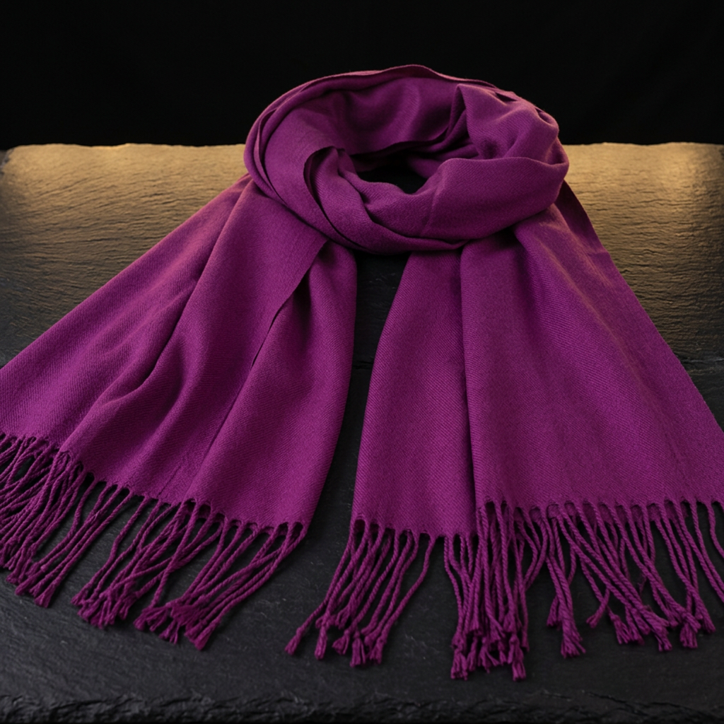 Regal plum pashmina scarf with tassel fringe, 200 x 70 cm, laid flat on dark slate