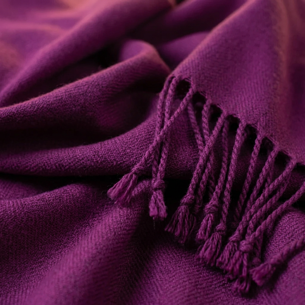 Close-up of the Livloko London regal plum pashmina scarf showing the woven fabric and tassel fringe