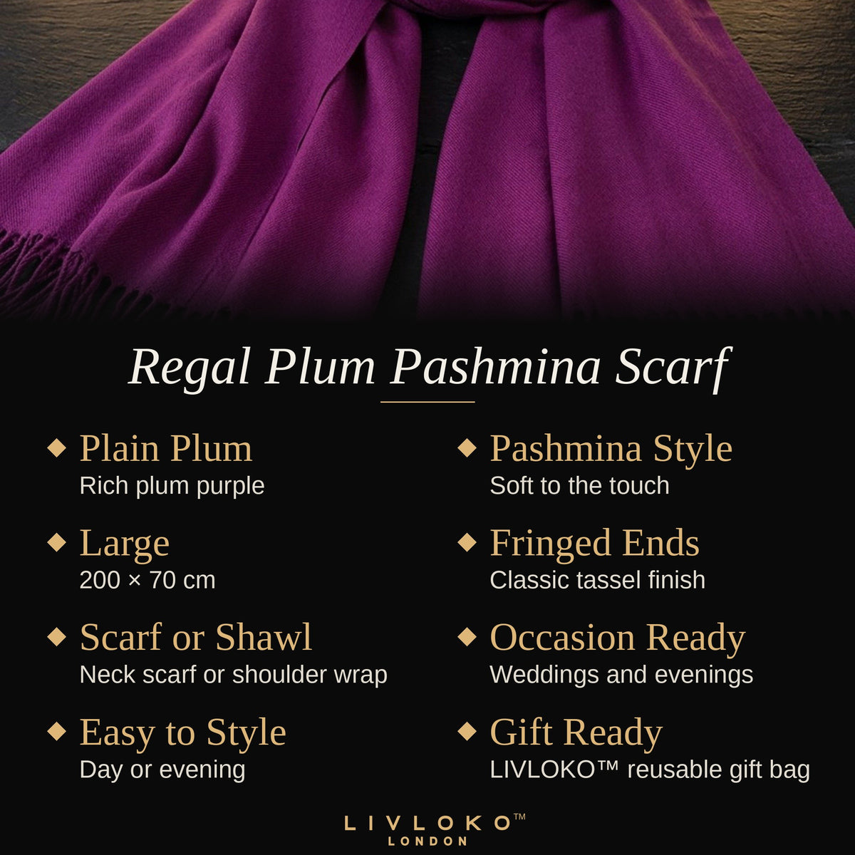 Key features of the Livloko London regal plum pashmina scarf
