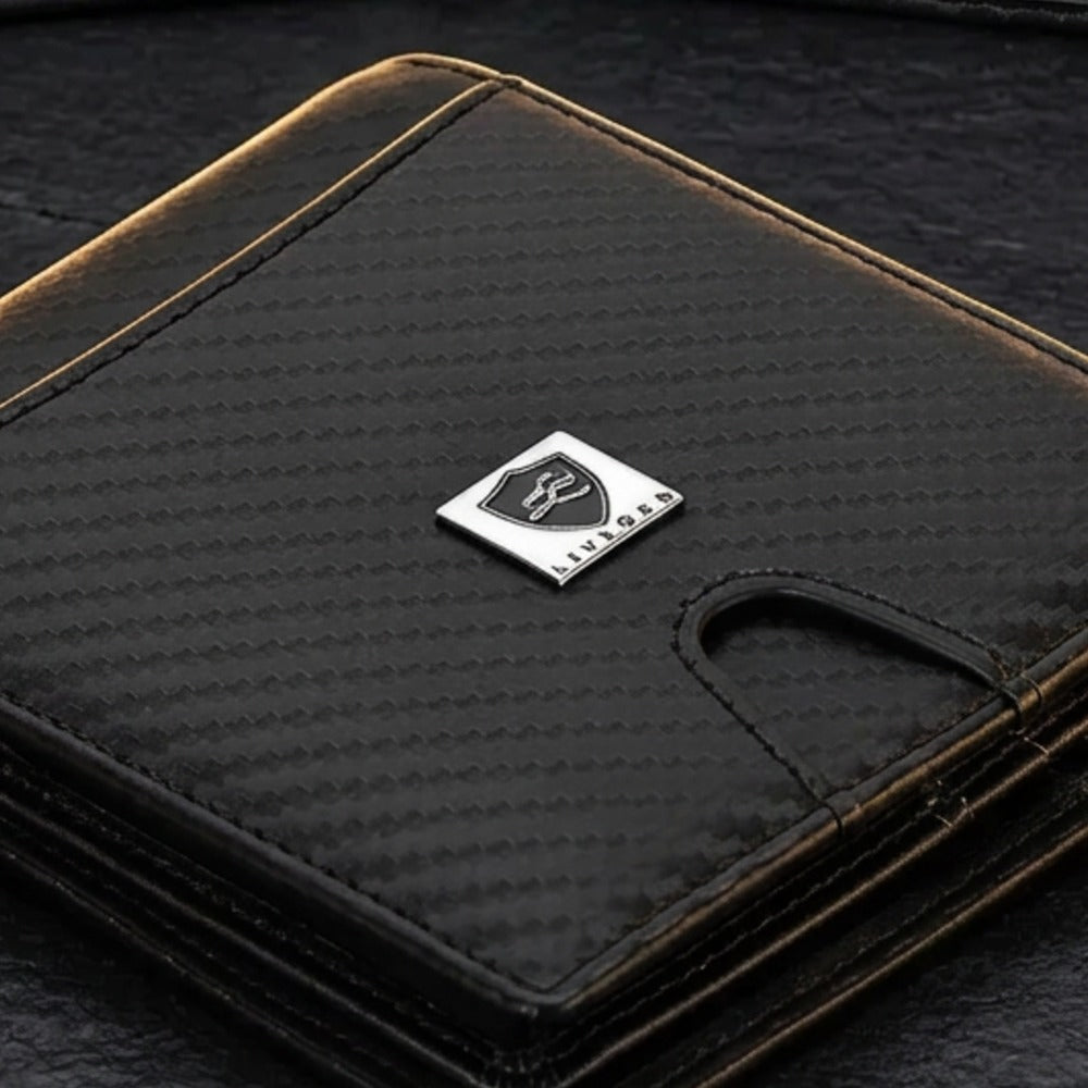 Close-up of the LIVLOKO London black carbon fibre RFID wallet showing the LIVLOKO shield badge