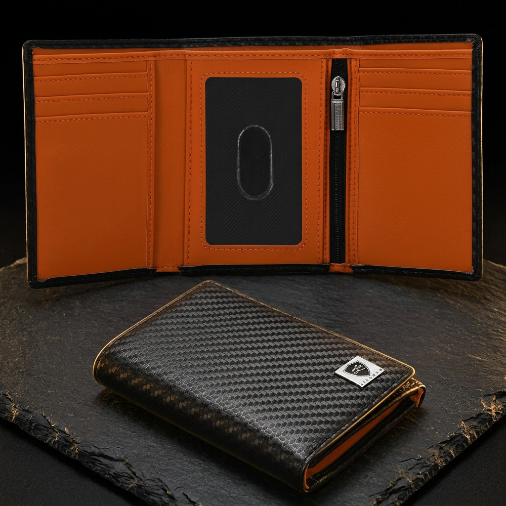 Men's RFID trifold wallet with ID window, black with orange interior, shown open and closed on dark slate