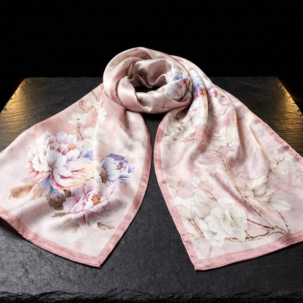 Rose Garden pink floral mulberry silk scarf, laid flat on dark slate