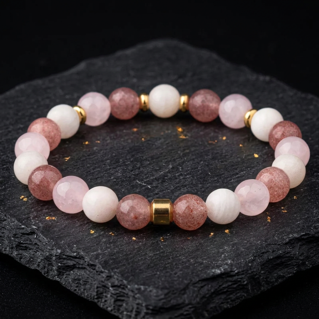 Rose quartz, strawberry quartz and moonstone bead bracelet with gold accents on dark slate