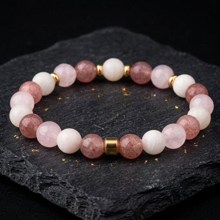 Women's Rose Quartz and Strawberry Quartz Bracelet with Moonstone