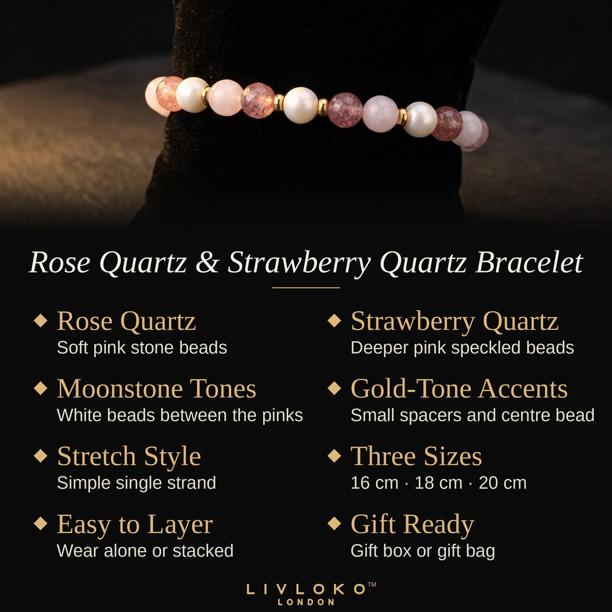 Key features of the rose quartz and strawberry quartz bracelet