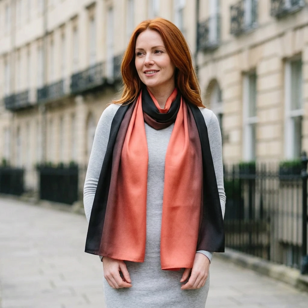 Woman wearing the salmon red and black gradient satin scarf long at the neck on a London street
