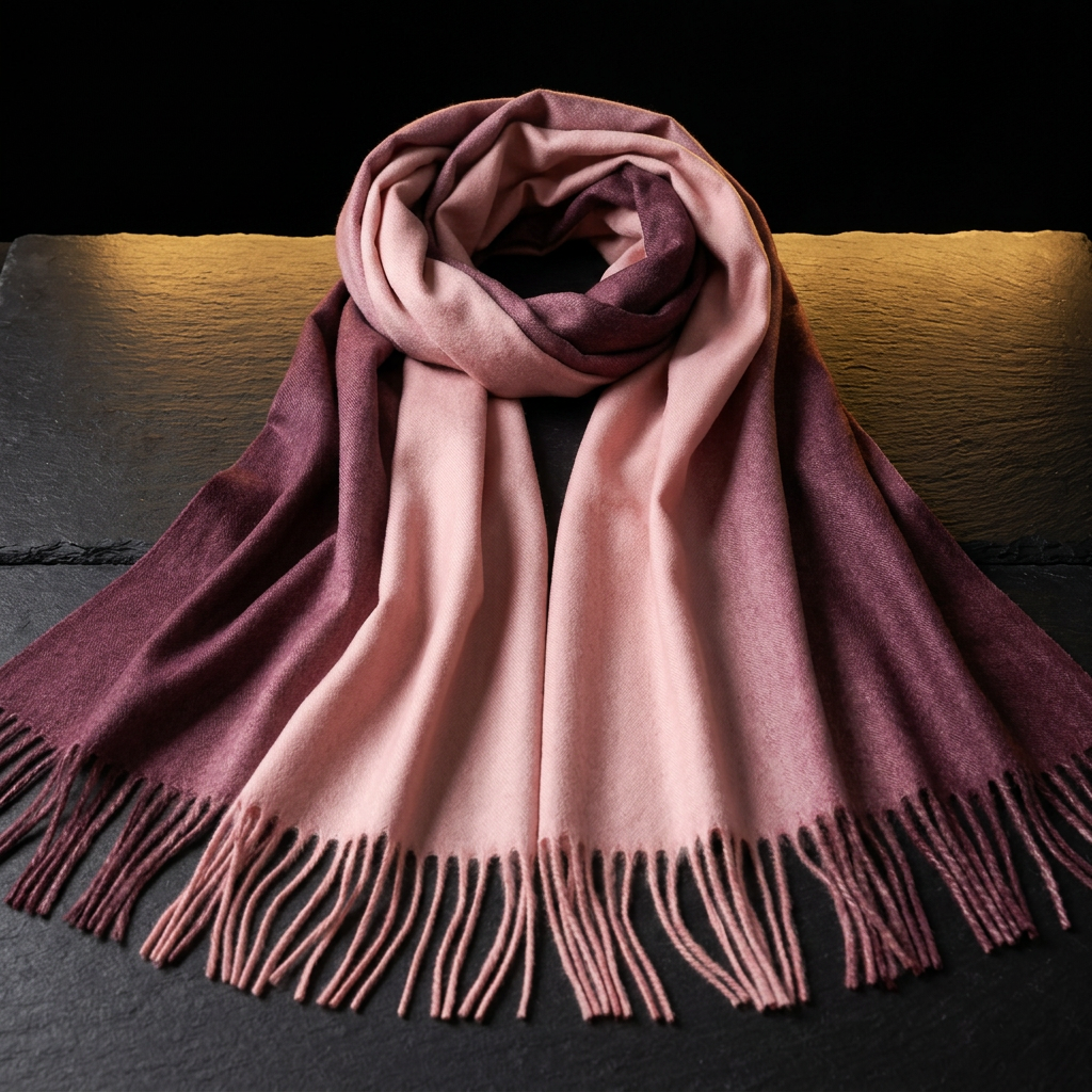 Gradient pashmina scarf fading from dusky pink to deep plum with tassel fringe, laid flat on dark slate