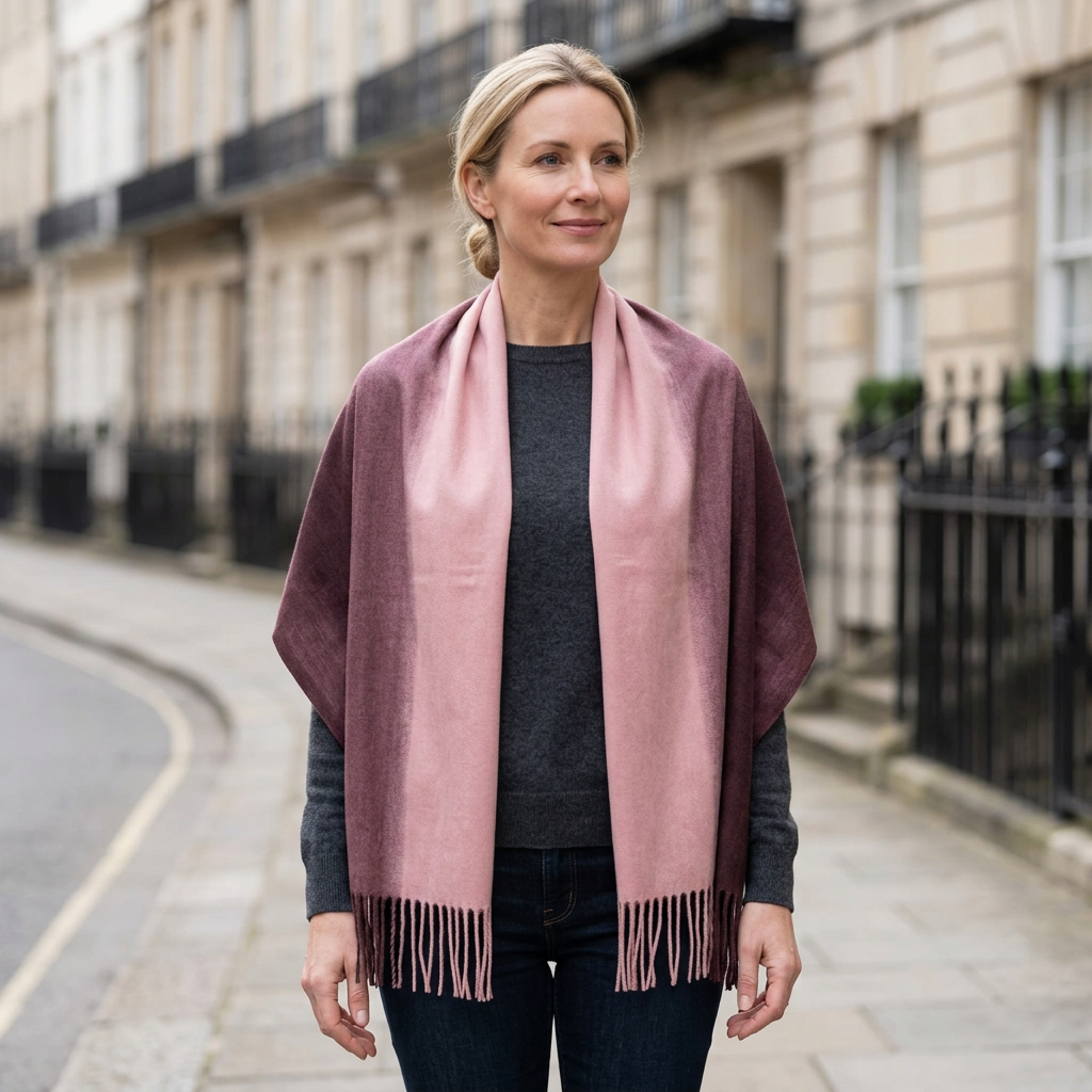 Woman wearing the Livloko London sienna and brown gradient pashmina scarf, 200 x 70 cm, draped over her shoulders