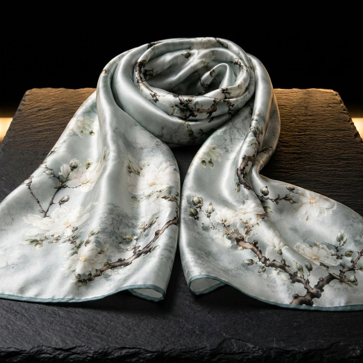Sky Blossom grey and cream silk scarf for women in 12 momme mulberry silk, laid on dark slate