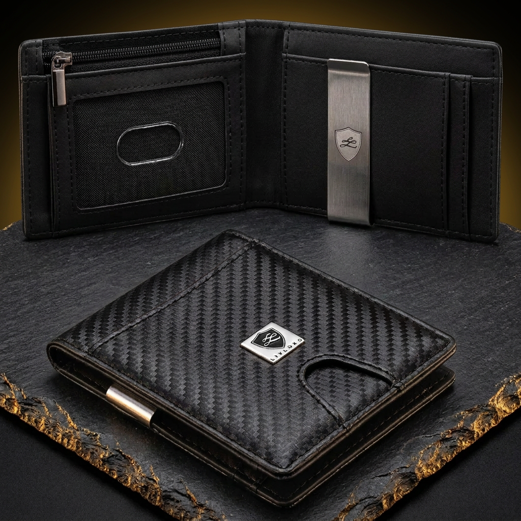 LIVLOKO London men's small black billfold with money clip, shown open and closed on dark slate