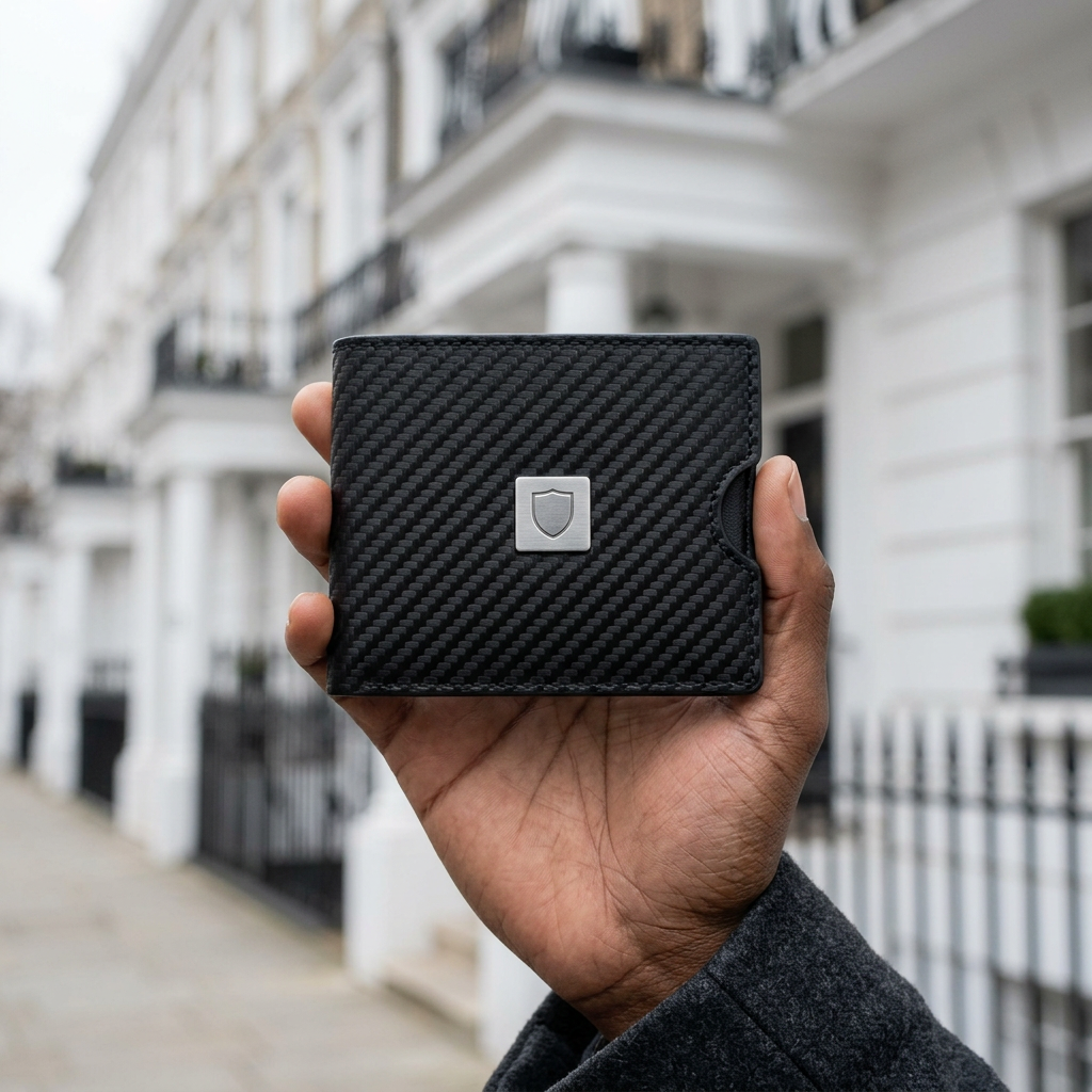 Man holding the LIVLOKO London small carbon fibre billfold wallet with money clip, London townhouses