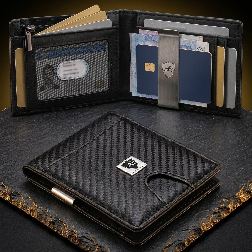 LIVLOKO London small billfold money clip wallet open in use with cards, ID and banknotes