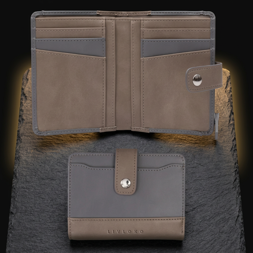 LIVLOKO London men's small brown and grey vegan leather RFID billfold wallet, open and closed on dark slate