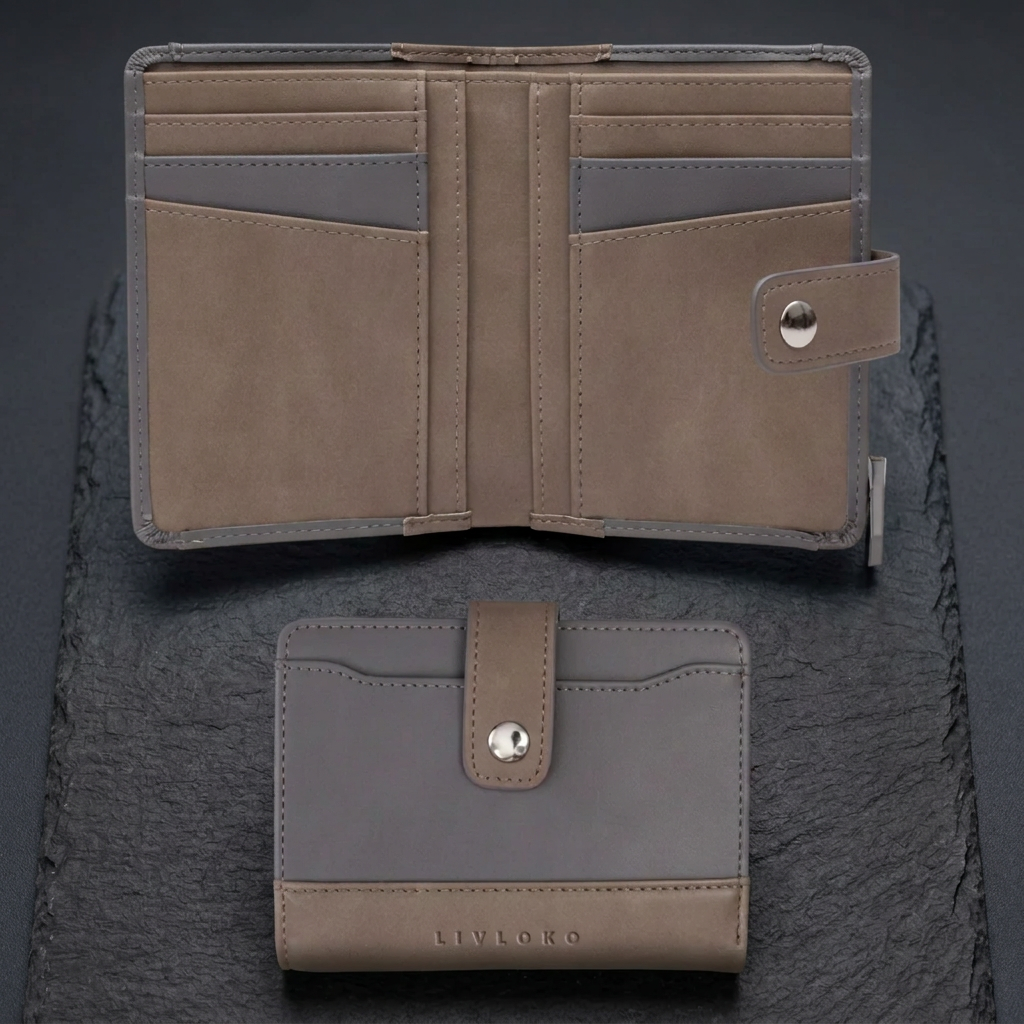 LIVLOKO London men's small brown and grey vegan leather RFID billfold wallet, open and closed on dark slate