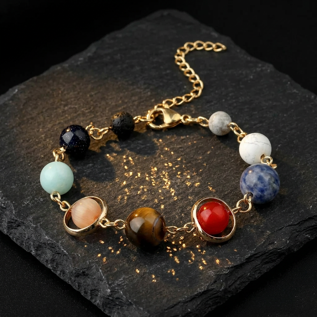 Solar system crystal bracelet for women with planet stone beads and 18ct gold plated chain by Livloko London
