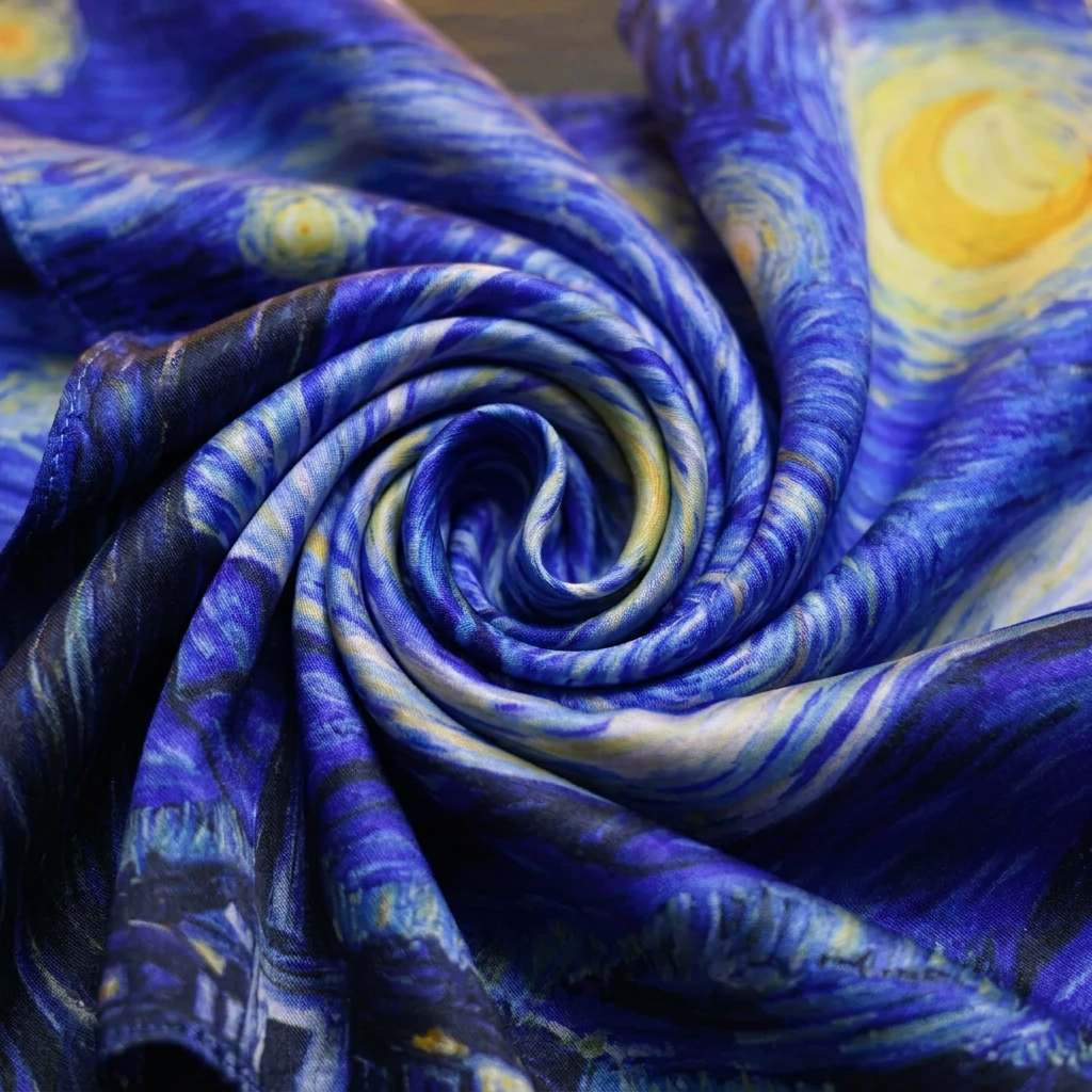 Close-up of the Livloko London Starry Night blue satin scarf showing the print and satin sheen