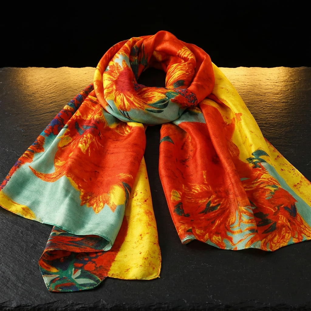 Sunflower satin scarf for women in yellow, orange, red and green, laid flat on dark slate