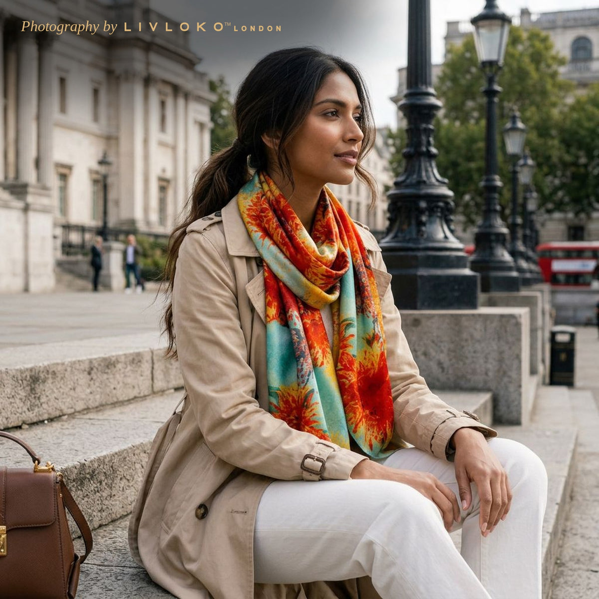 Woman wearing the sunflower satin scarf as a neck scarf in London