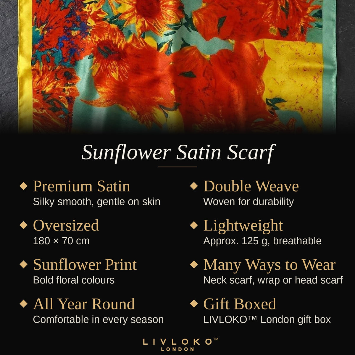 Key features of the sunflower satin scarf: premium satin, double weave, 180 × 70 cm, gift boxed