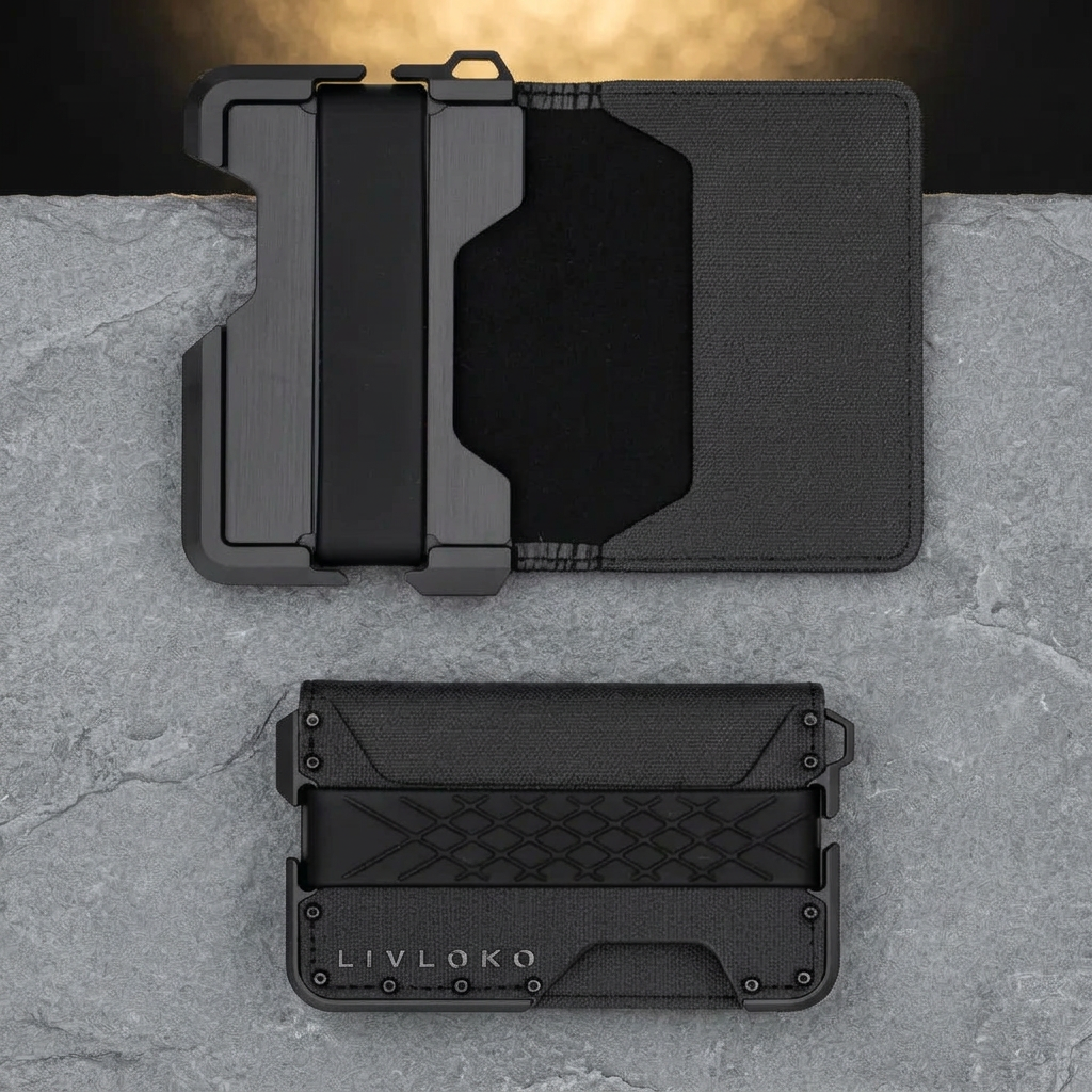 LIVLOKO London men's tactical metal RFID card holder wallet with cash strap, shown open and closed on slate