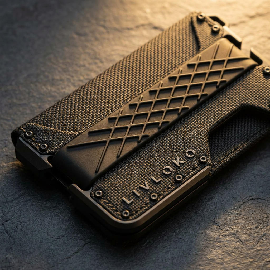 Close-up of the men's tactical metal RFID card holder wallet showing the texture, logo and screws