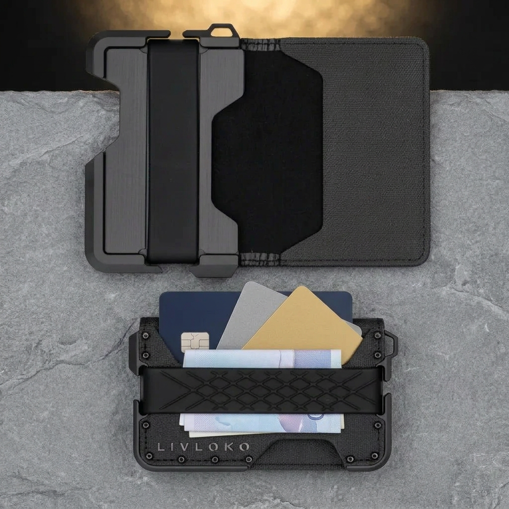 LIVLOKO London tactical metal RFID card holder in use with cards fanned out and banknotes under the cash strap