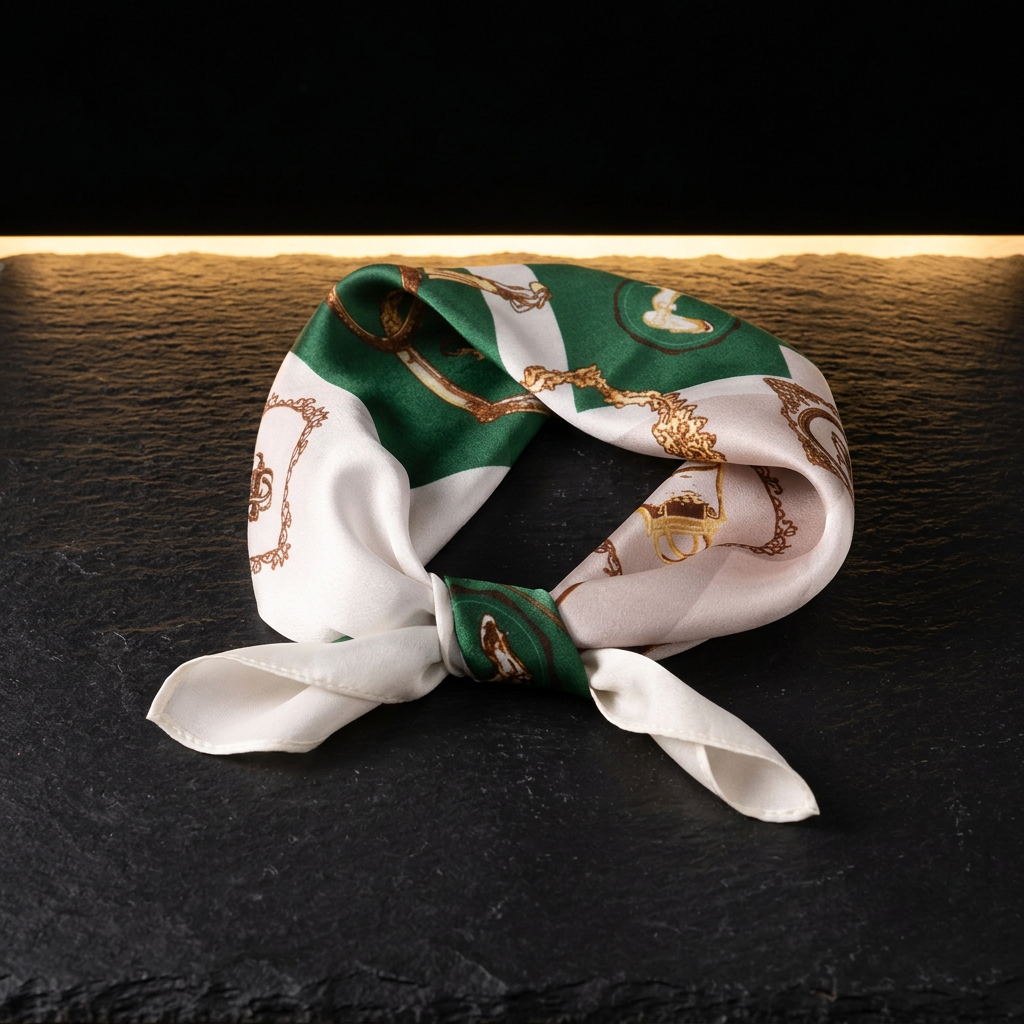 Treasure Trove green and white silk square scarf, 53 x 53 cm, tied as a neckerchief on dark slate