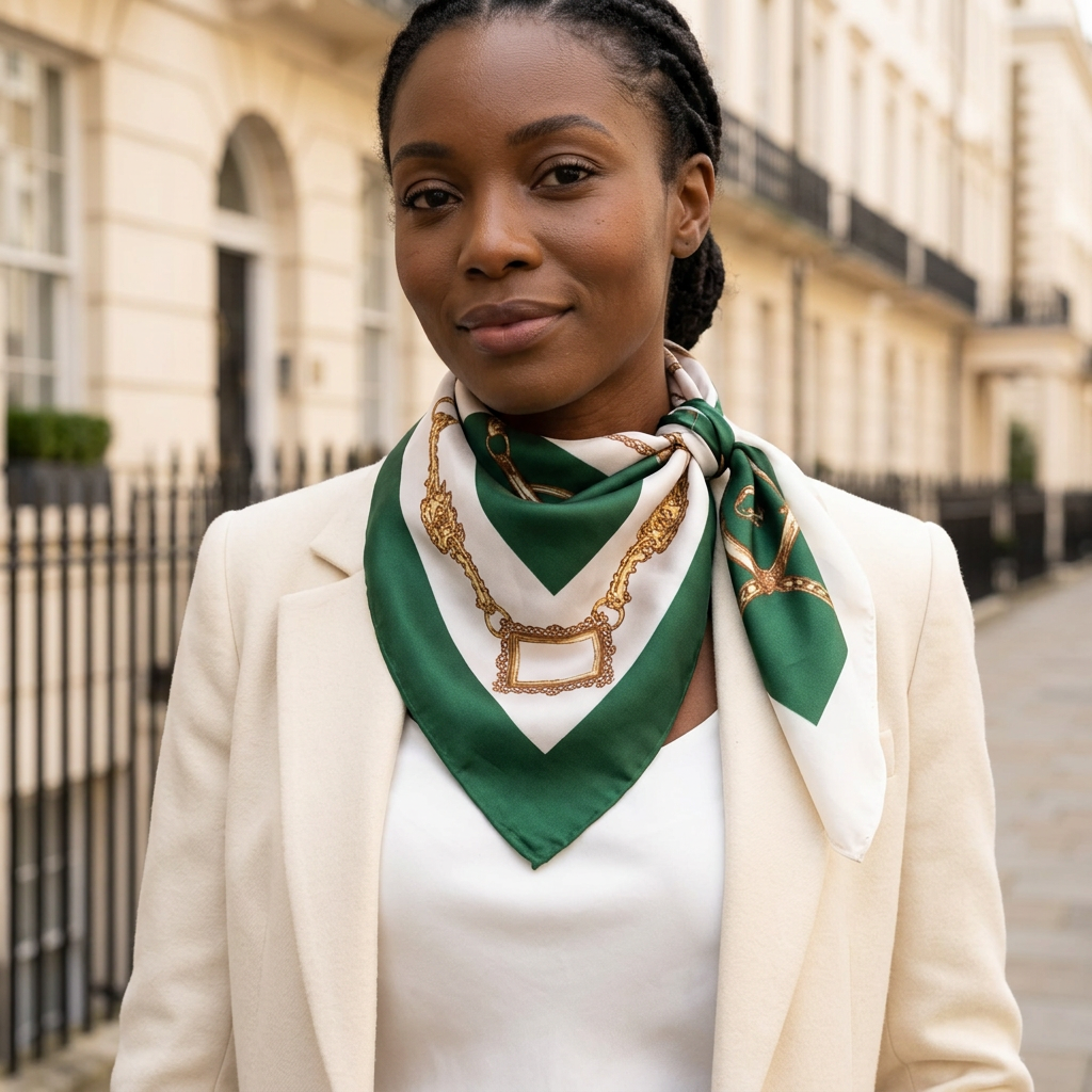 Woman wearing the Treasure Trove green and white silk square scarf, 53 x 53 cm, tied at the neck in London