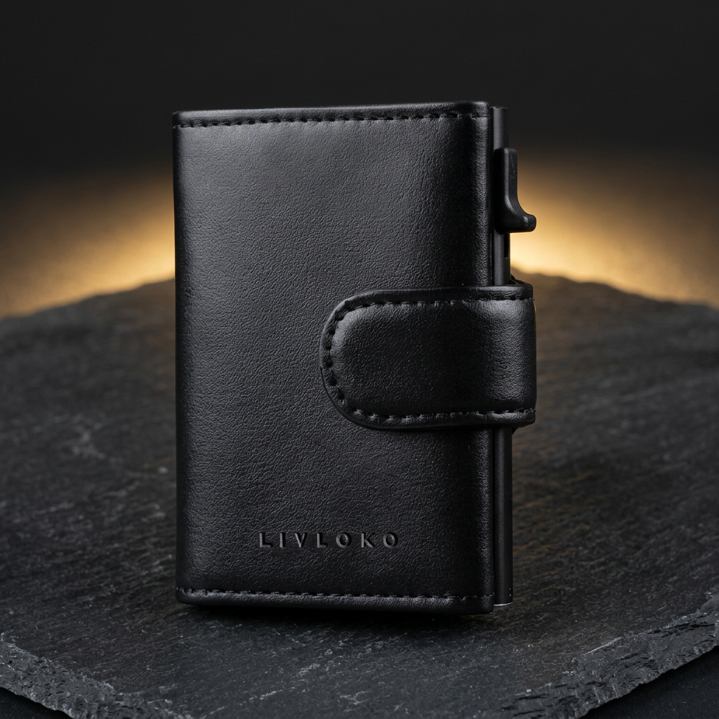 LIVLOKO London black vegan leather RFID pop up wallet and card holder with coin pocket on dark slate
