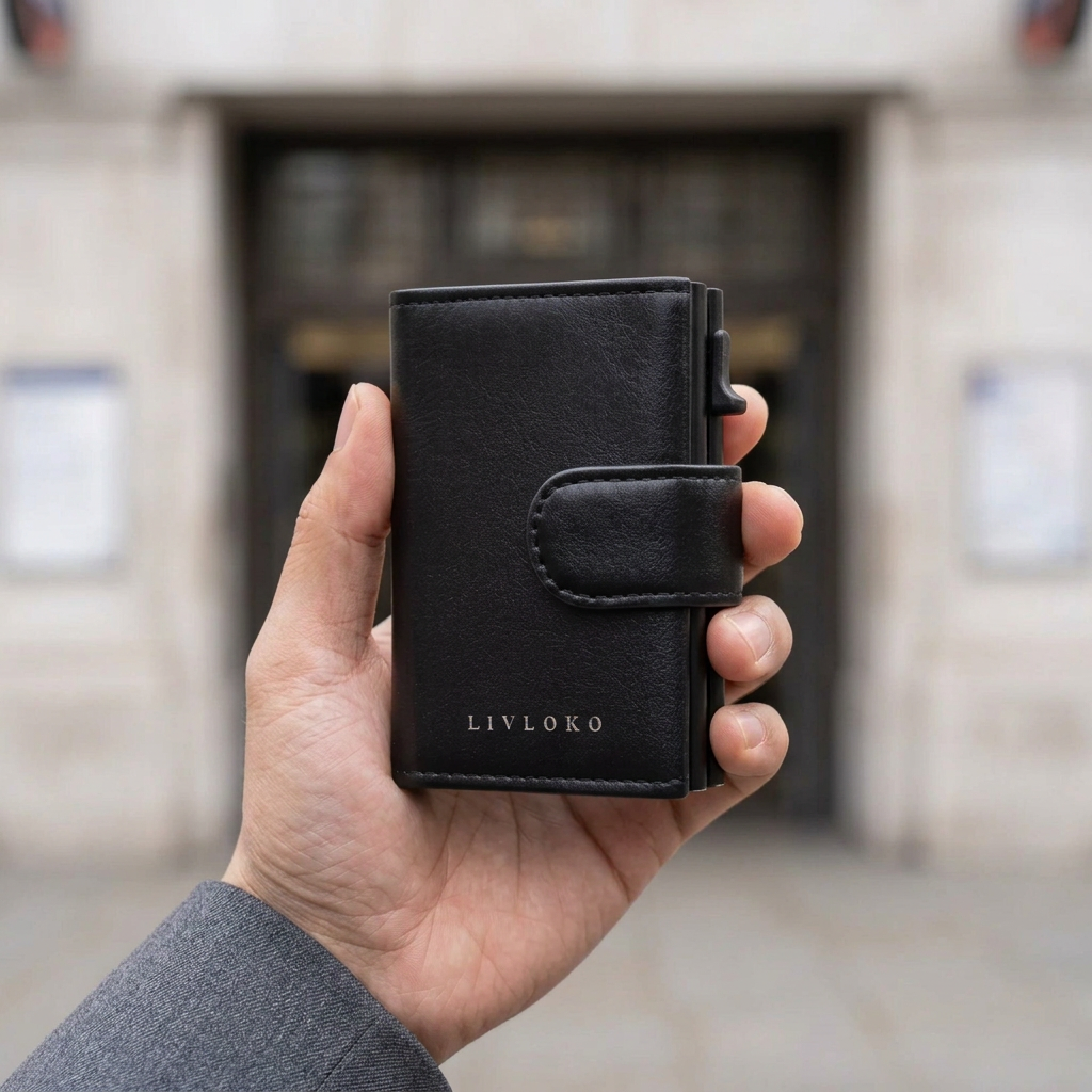 Man holding the LIVLOKO London black vegan leather RFID pop-up card holder wallet, London
