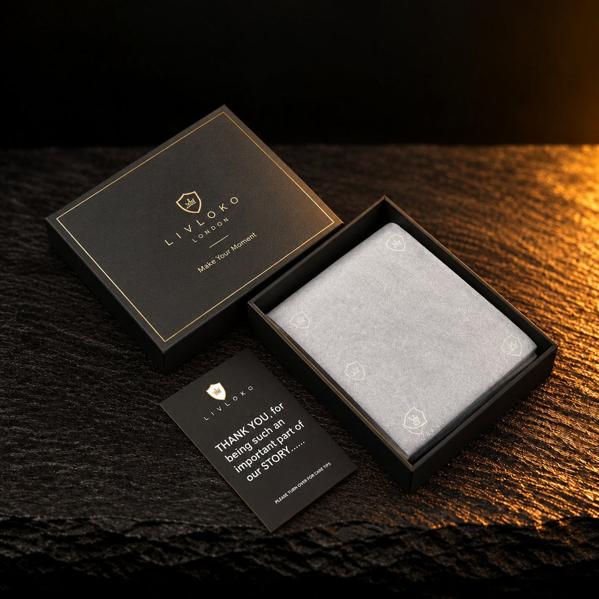 Black LIVLOKO London gift box with dust pouch and card for the black vegan leather RFID pop up wallet