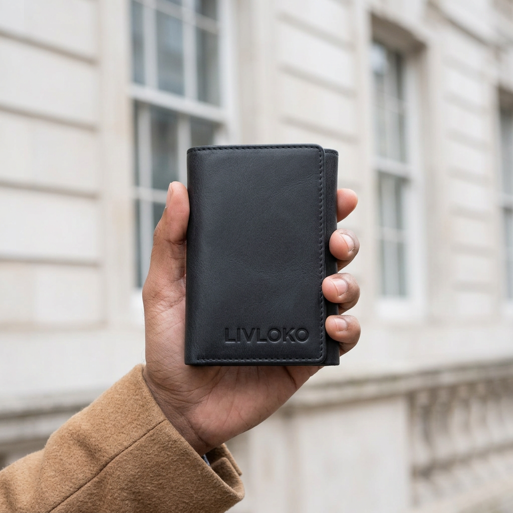 Man holding the LIVLOKO London black vegan leather trifold card holder wallet, London
