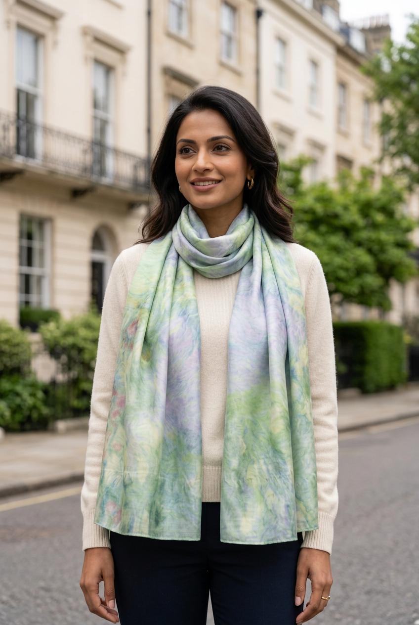Woman wearing the LIVLOKO London Water Lilies art print satin scarf in London