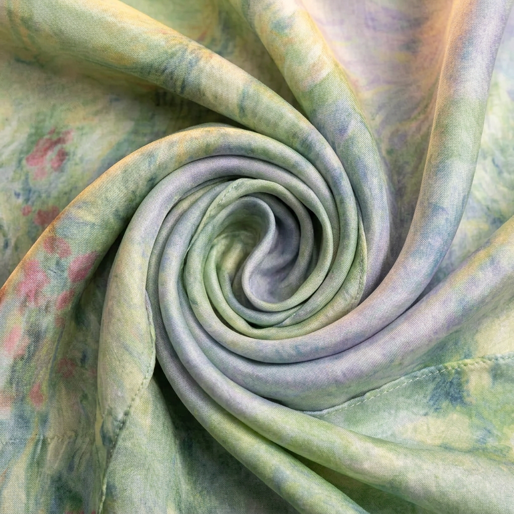 Close-up of the Livloko London Water Lilies art print satin scarf showing the print and satin sheen