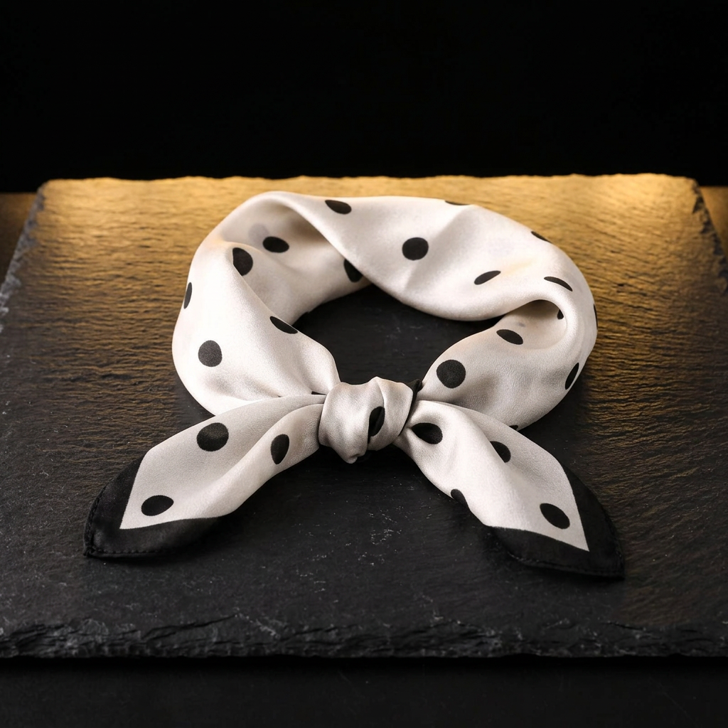 White and black polka dot silk scarf, 53 x 53 cm, tied as a neckerchief on dark slate