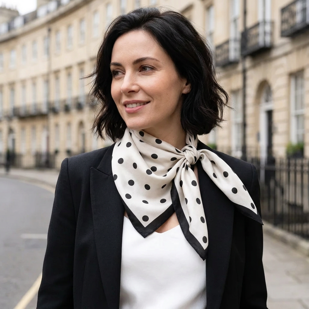 Woman wearing the white and black polka dot silk scarf, 53 x 53 cm, tied at the neck in London