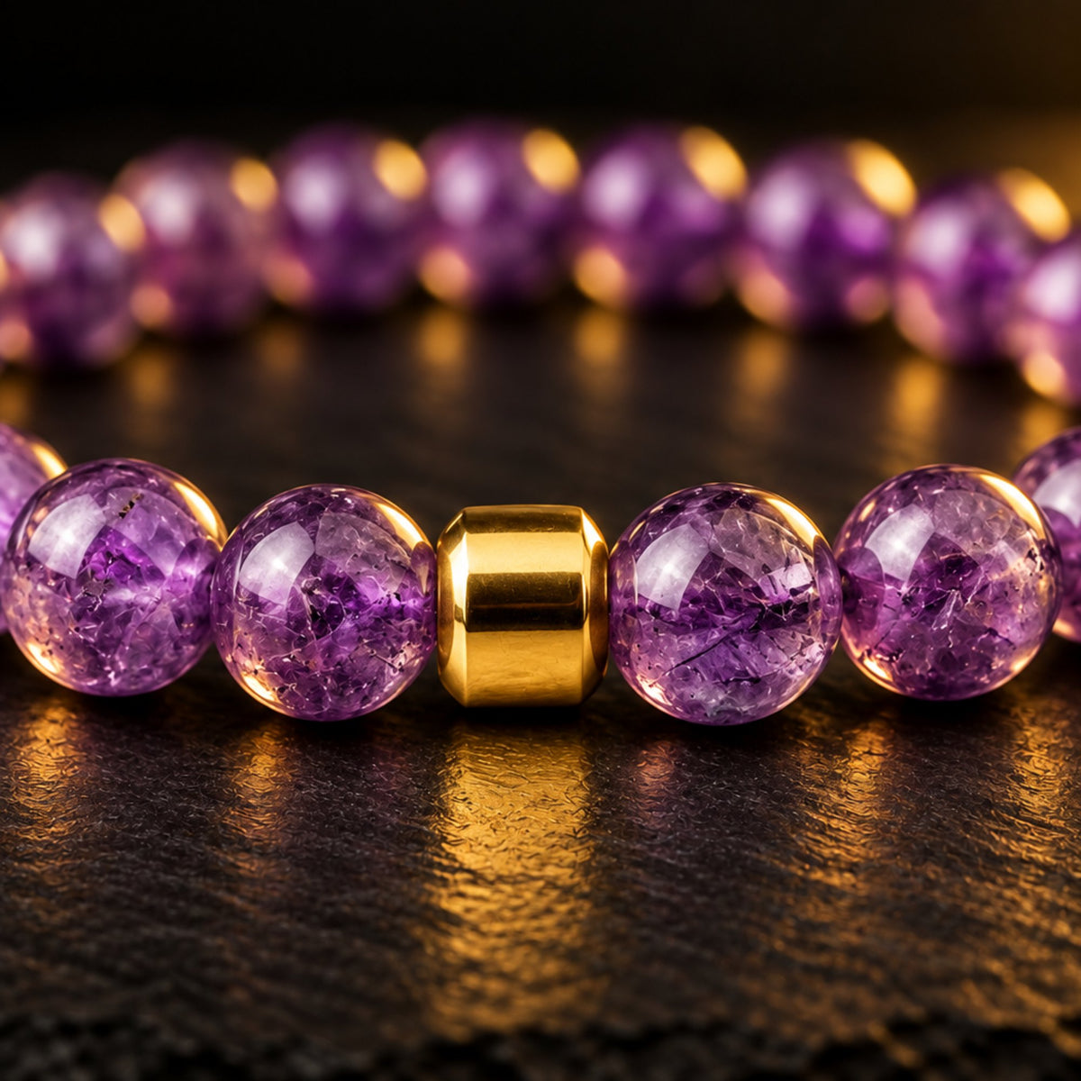 Close-up of purple amethyst beads and the gold accent bead