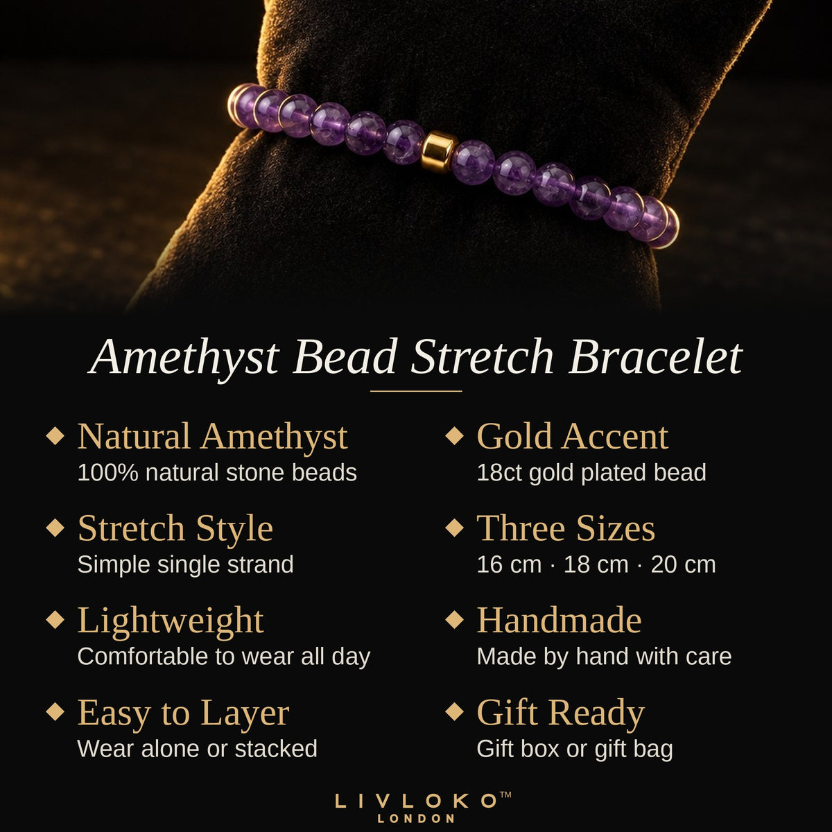Key features of the amethyst bead stretch bracelet