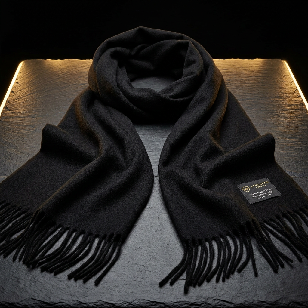 Women's black cashmere scarf with fringed ends, laid flat on dark slate