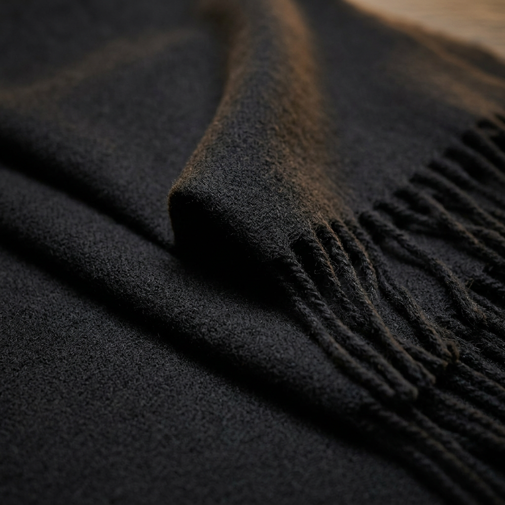 Close-up of the Livloko London women's black cashmere scarf showing the soft fabric and fringed end