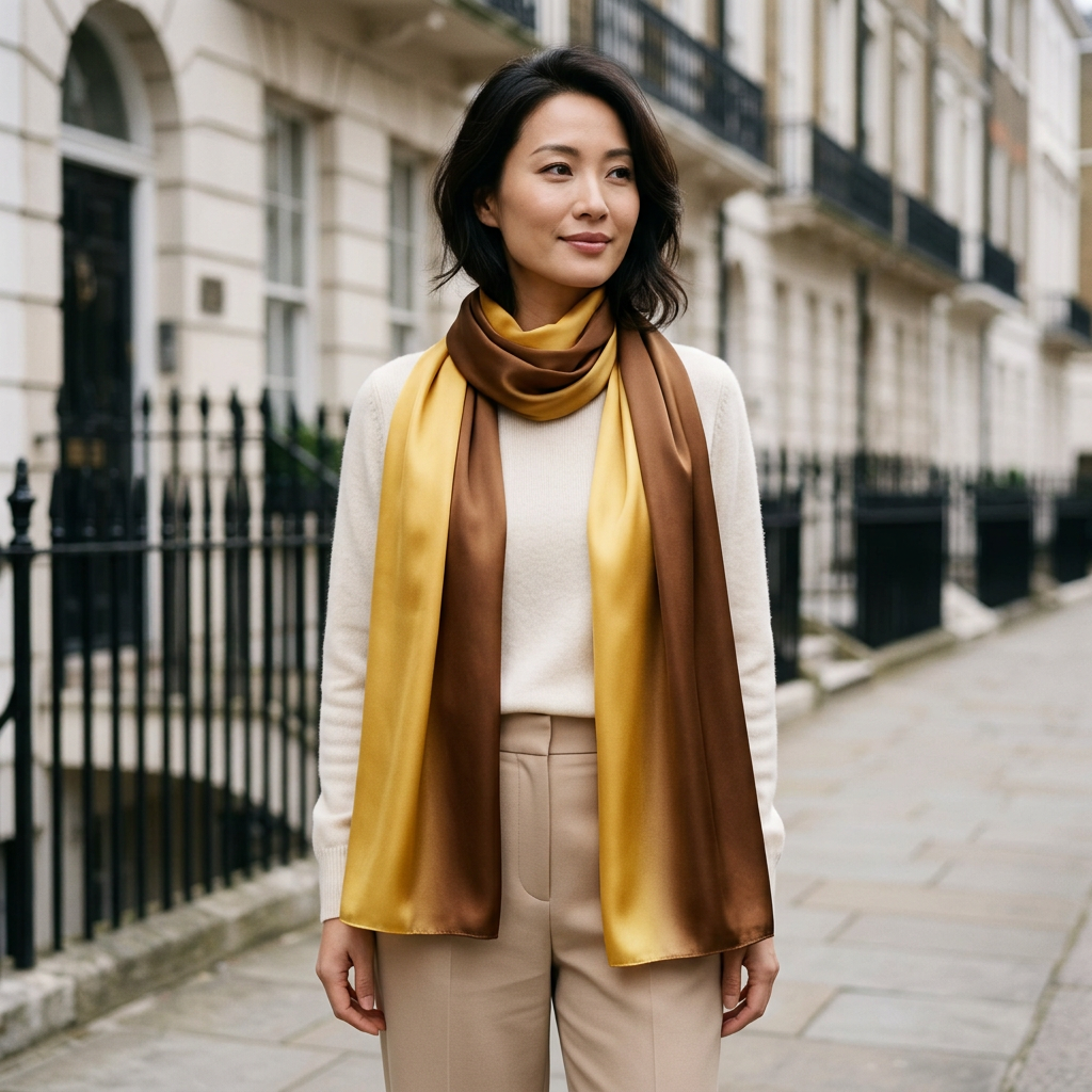 Woman wearing the yellow and brown satin neck scarf long at the neck on a London street