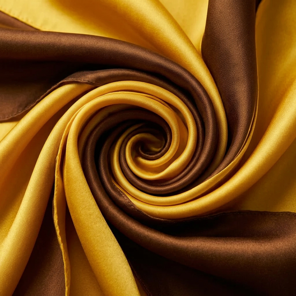 Close-up of the Livloko London yellow and brown satin neck scarf showing the satin sheen